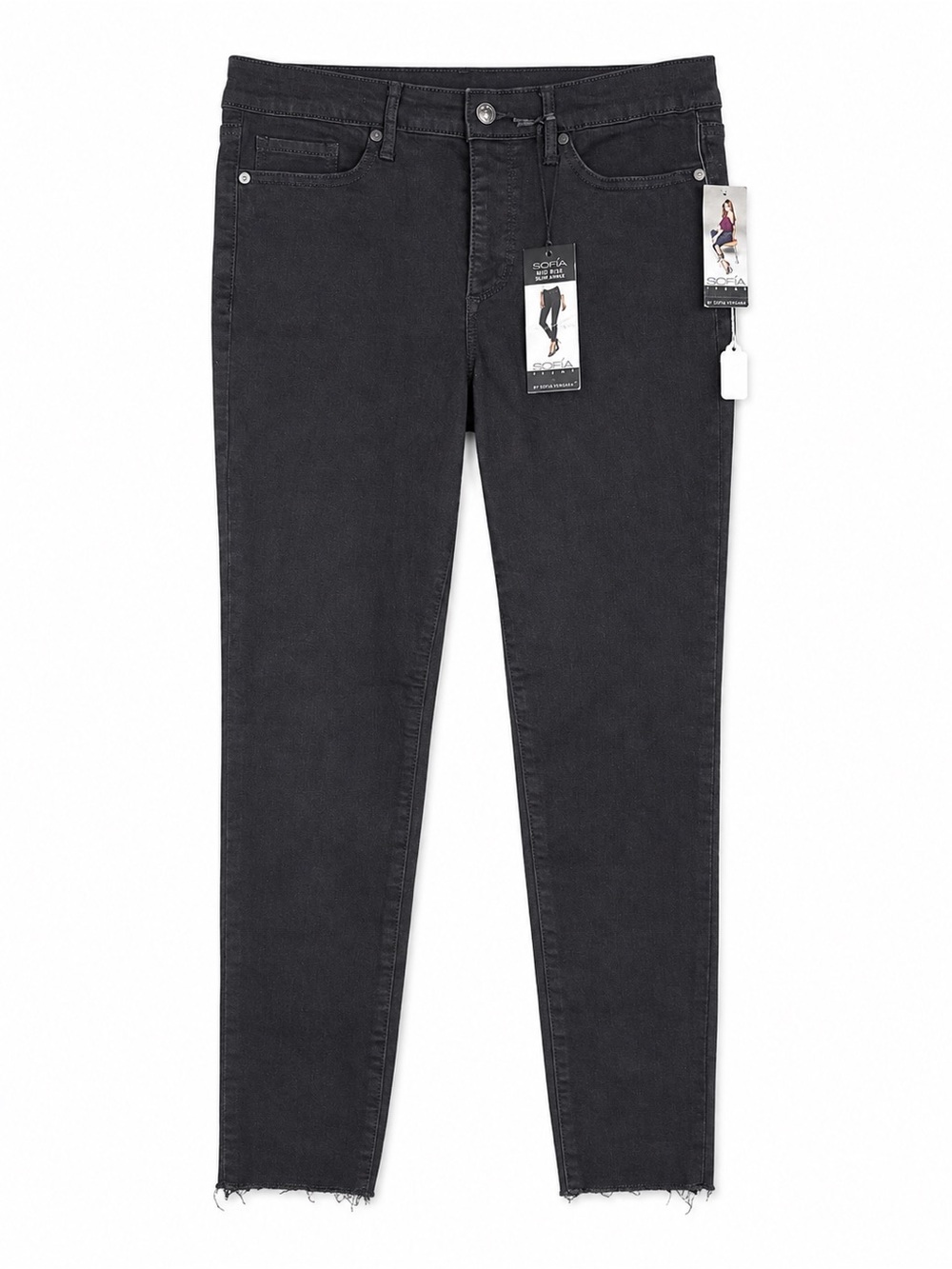 NWT! Sofia Vergara Women’s Black Mid Rise Skinny Ankle Jeans - Raw Hem. Size: 10
